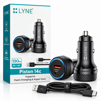 LYNE Piston 14C 20W PD + 18W QC 3.0 Car Charger with Type-C Cable, Flash Charging & Super VOOC Support