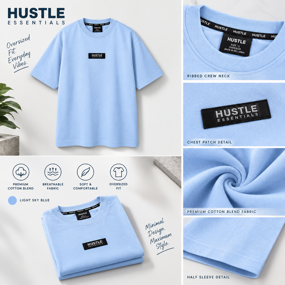 Men's Hustle Essentials Oversized Light Sky Blue T-Shirt | Relaxed Fit Casual Tee