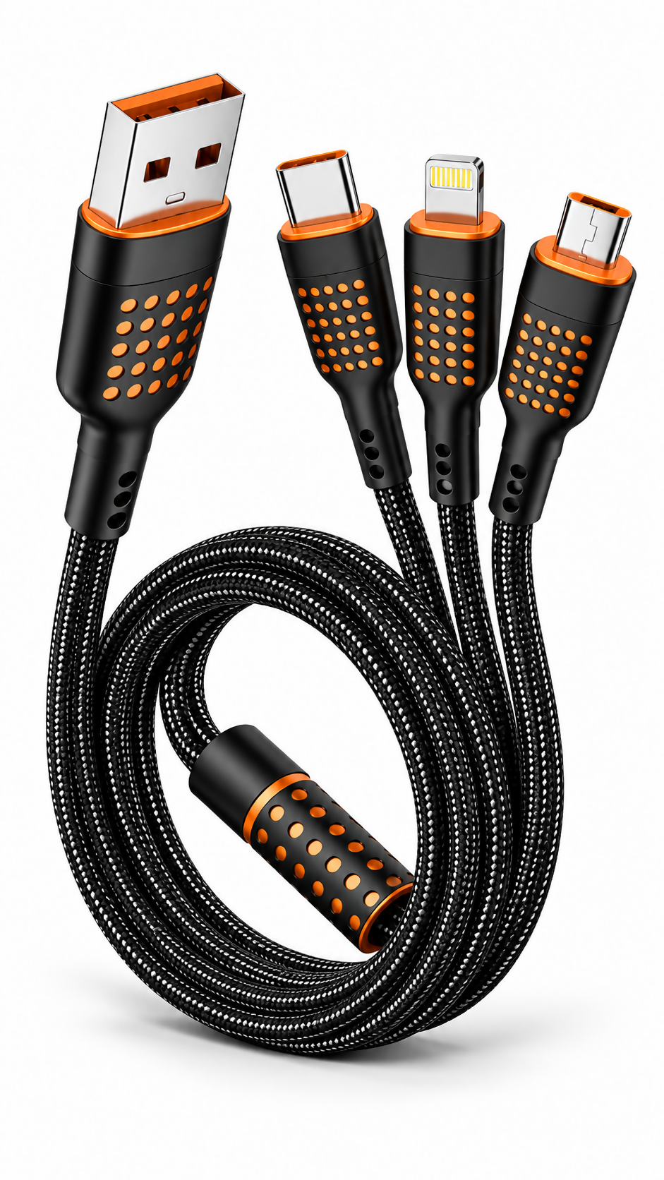 LYNE Flexy 34 3-in-1, 65W Fast Charging Data Cable – Type-C + Lightning + Micro USB, 1 Metre, Black & White