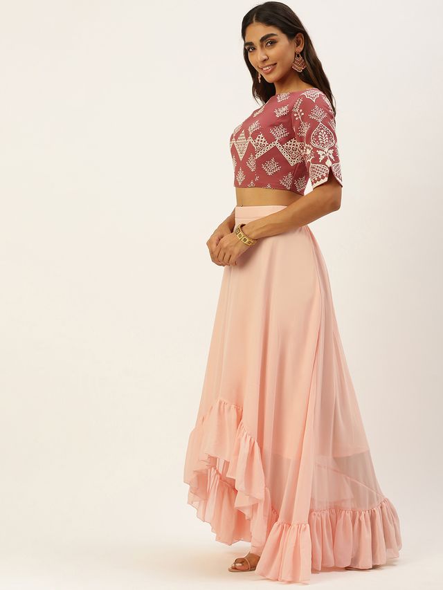 Bollywood Vogue Ready To Wear Mauve Embroidered N Peach Crop Top N Skirt