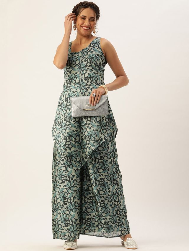 Bollywood Vogue Ready To Wear Sage Green Art Silk Digital Printed Co Ords Set