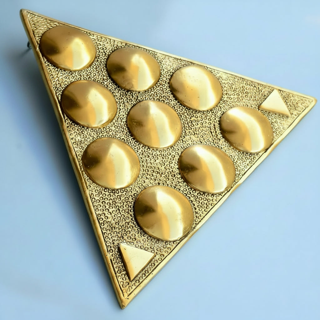 Triangular Maha Vastu Yantra with Sampoorna Navgraha Yantra – Handcrafted White Metal Gold Finish, 8.5 Inch