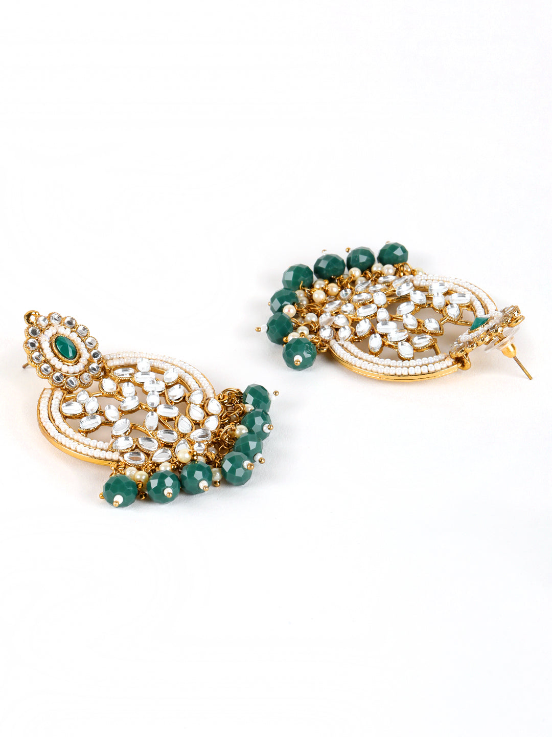 Green Gold-Plated Stone Studded & Beadded Classic Drop Earrings