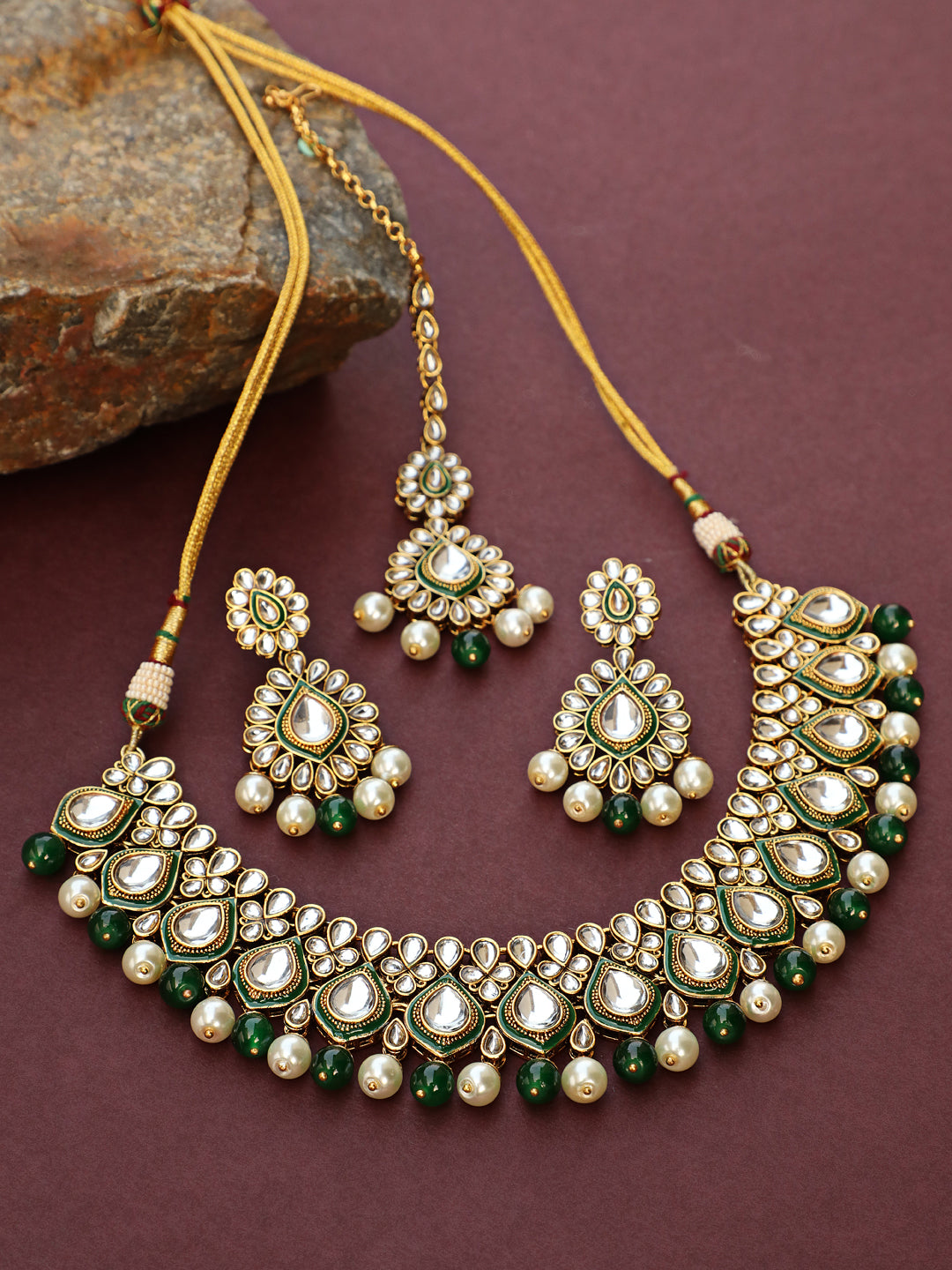 Gold-Plated Green & White Kundan-Studded Beaded Handcrafted Jewellery