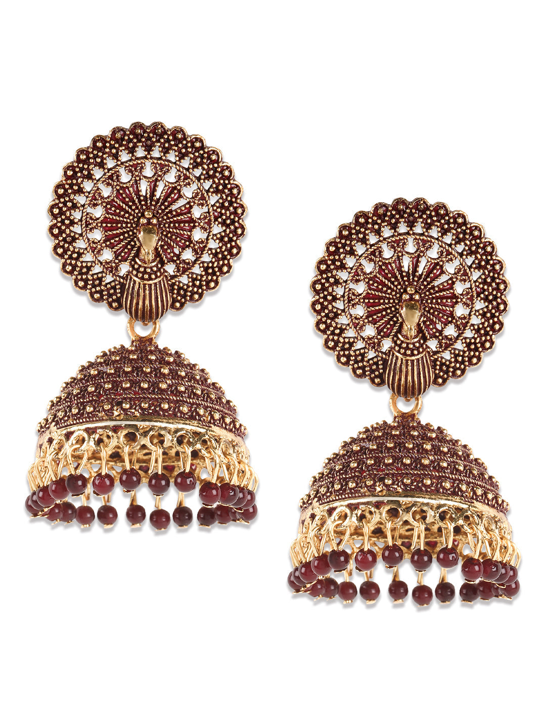 Jazz And Sizzle Designer Gold Plated Peacock Shape Enamelled Traditional Everyday Jhumka Earrings