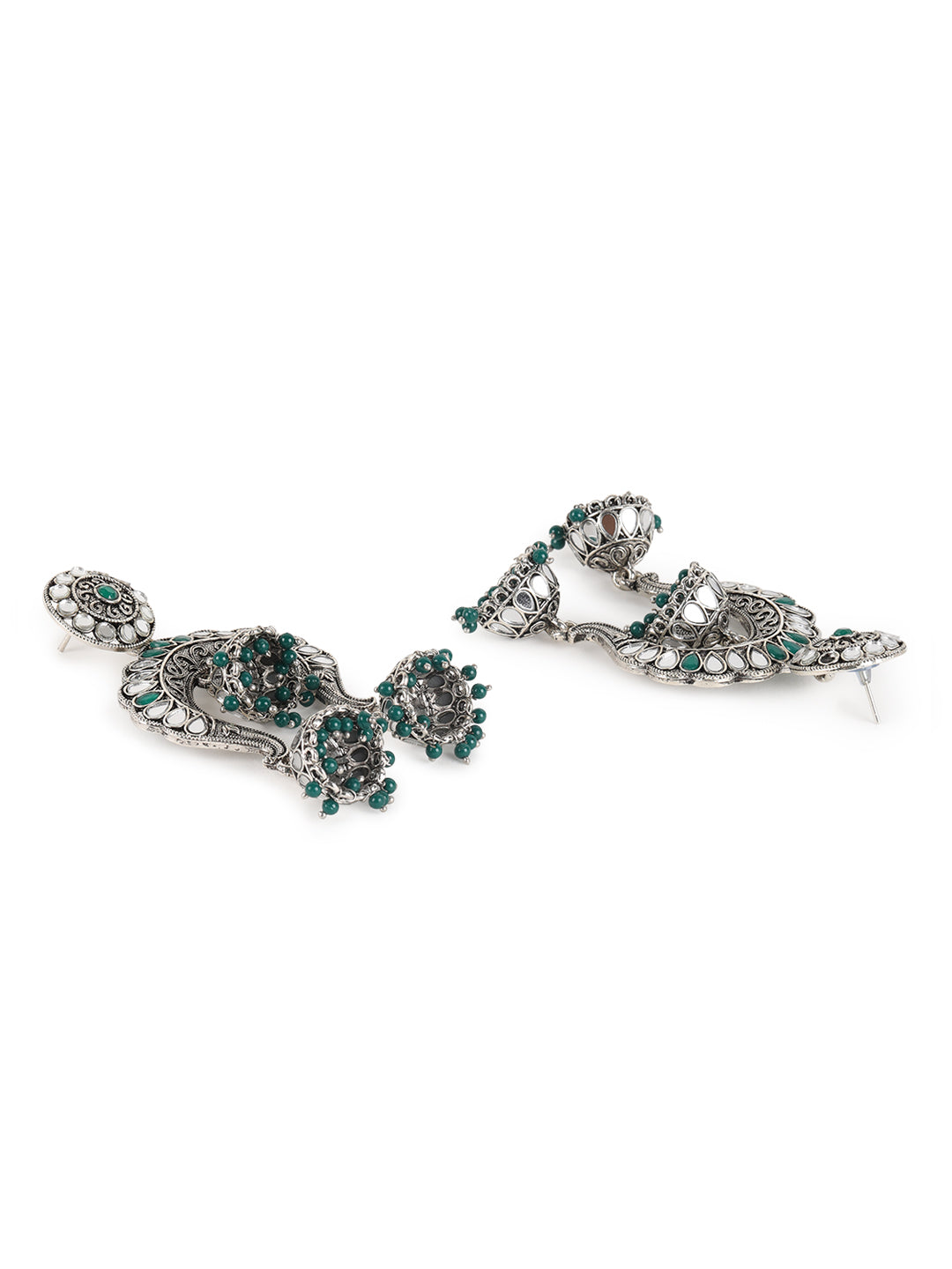 Emarald Beads Oxidised Silver-Plated Jhumka Earring