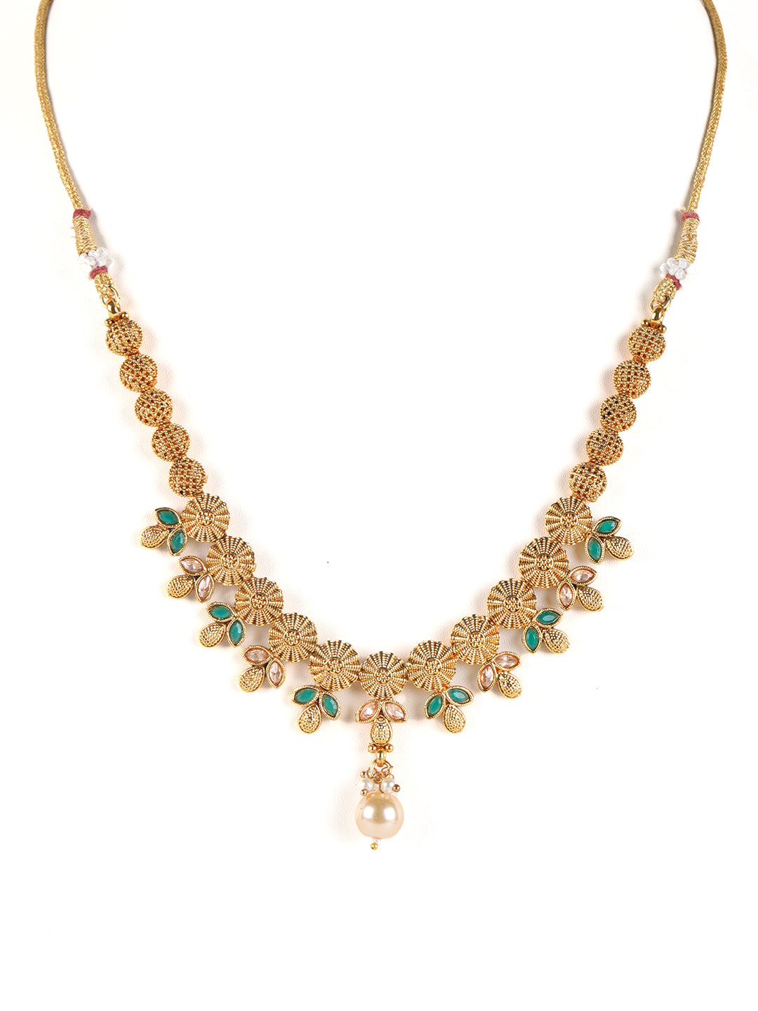 Gold-Plated & Green Stone Studded Handcrafted Jewellery Set