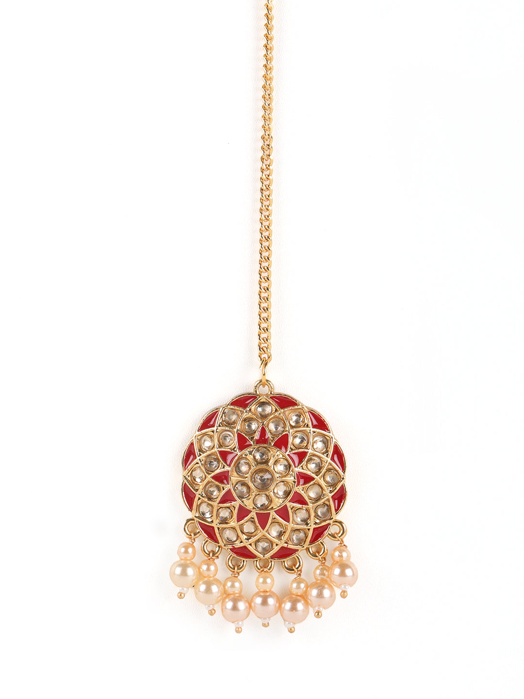 Red Kundan Pearls Gold Plated Choker Set With Maangtikka