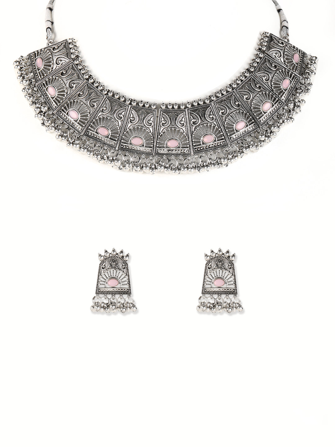 Pink Stones Studded Oxidisedsilver Plated Jewellery Set