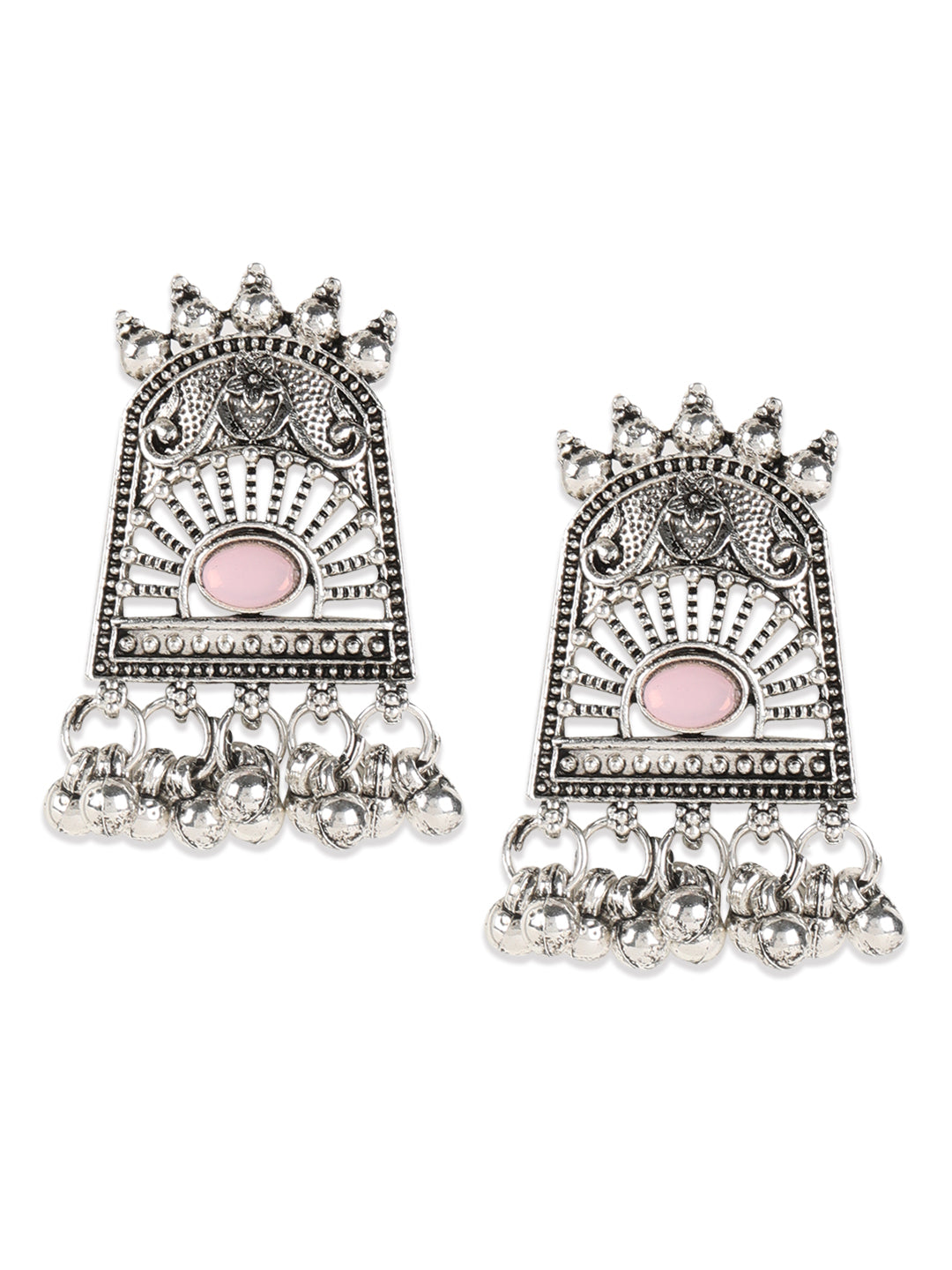 Pink Stones Studded Oxidisedsilver Plated Jewellery Set