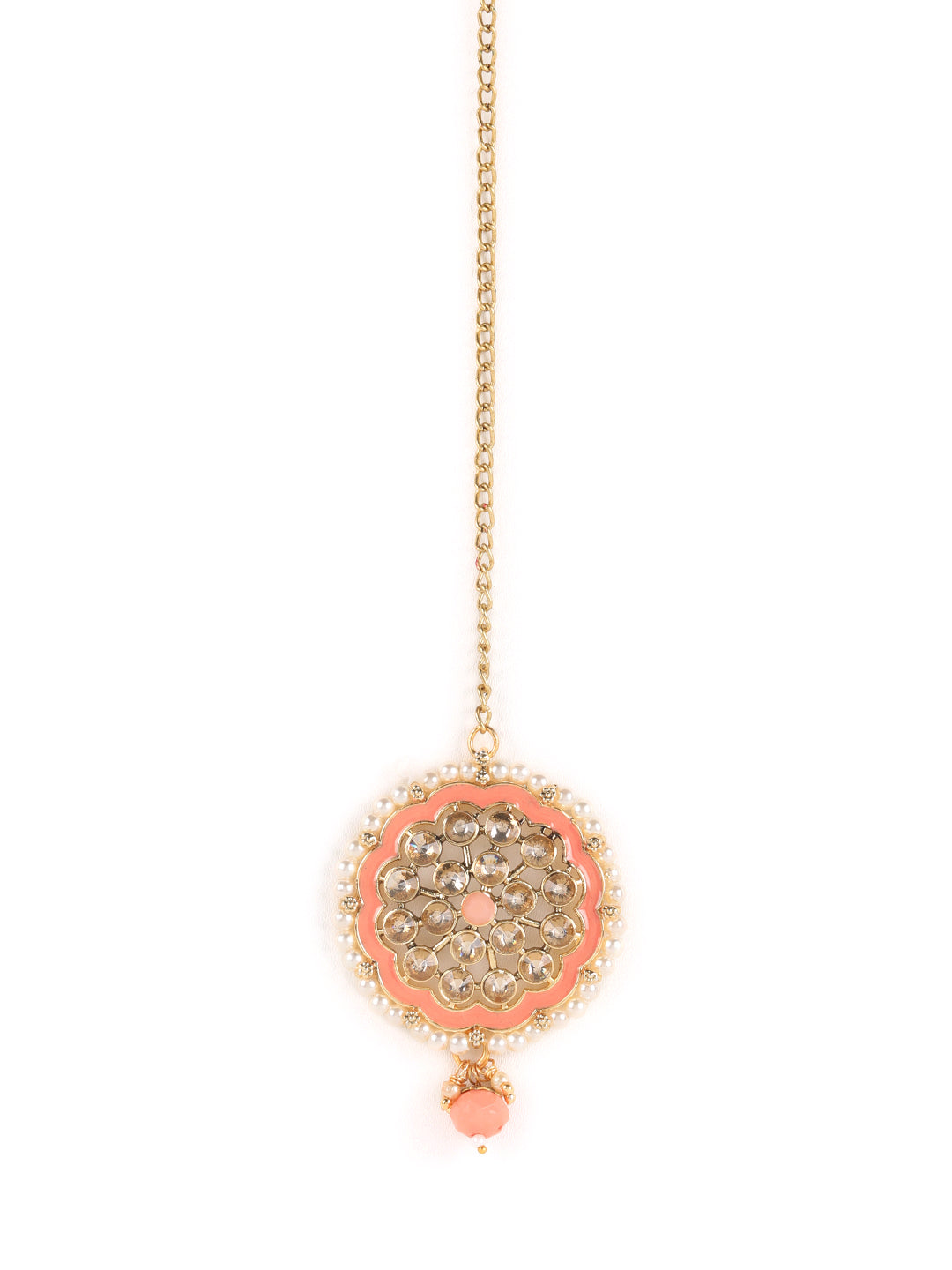 Peach Beads Kundan Gold Plated Traditional Choker Set With Maangtika