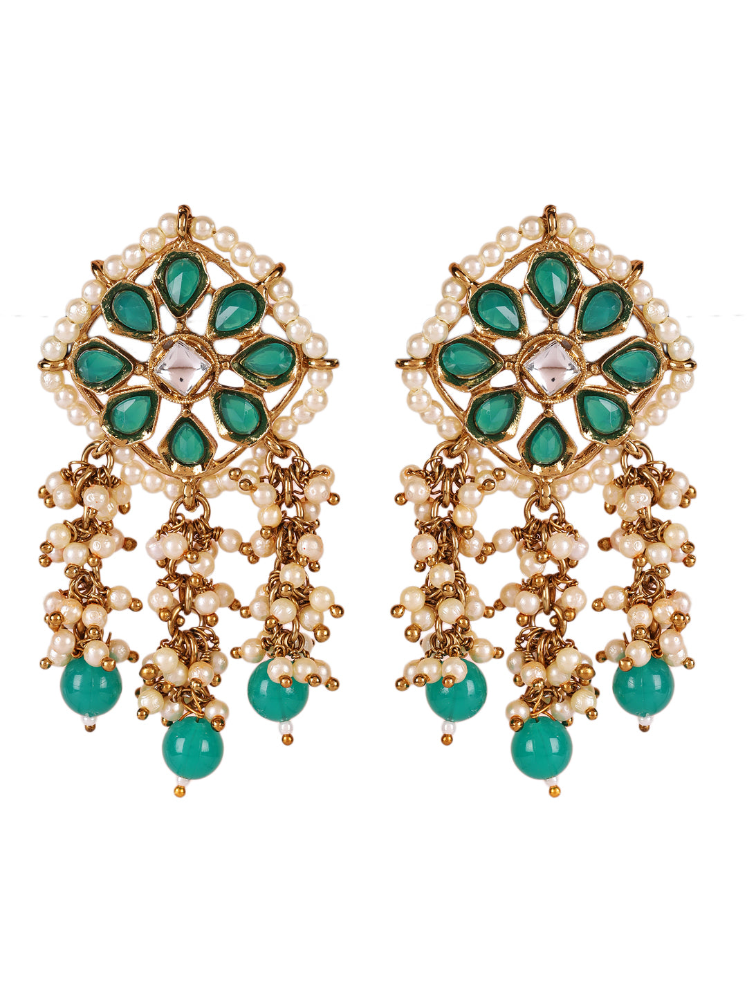 Green Kundan Stone Studded & Pearl Beaded Strand Drop Earrings
