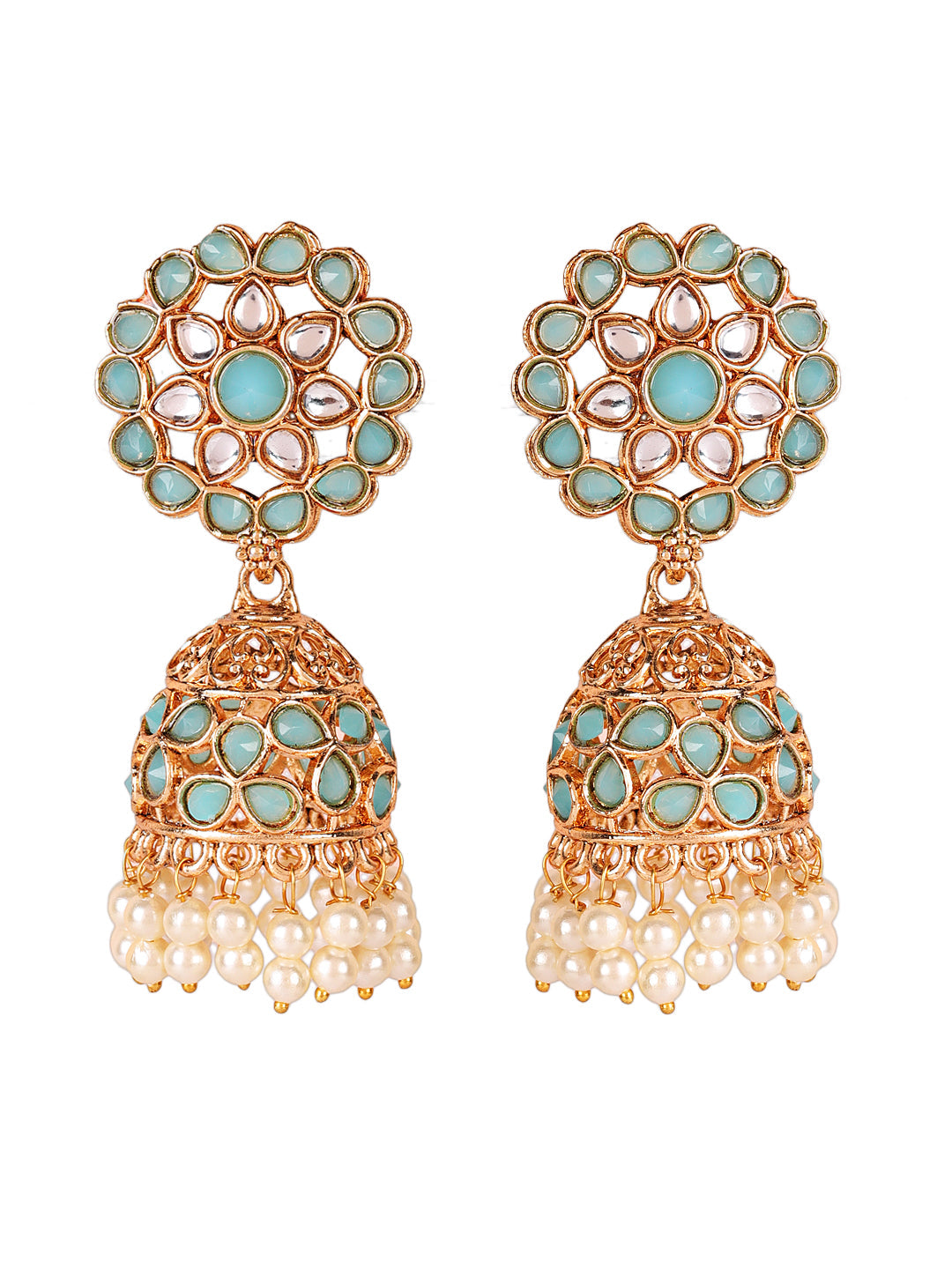 Flora Shaped Gold-Plated Stone Studded & Beaded Jhumka Earrings