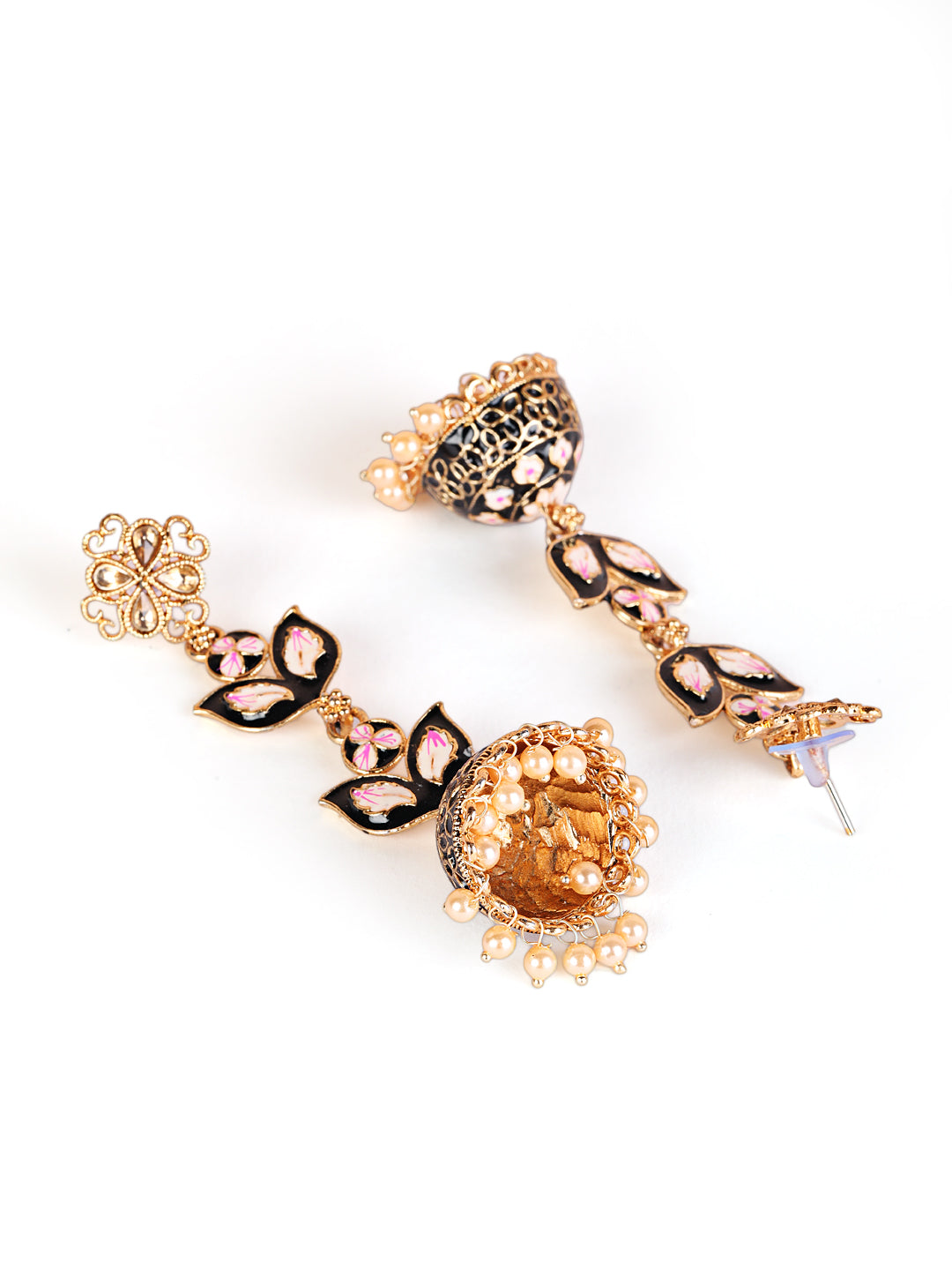 Black & Pink Meenakari Enamel Dome Shaped Long Jhumka Earrings