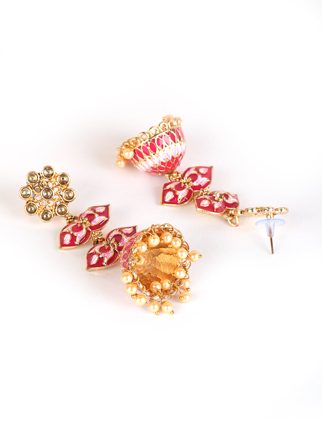 Gold Plated Floral Shaped Dome Pink & White Minakari Drop Earrings