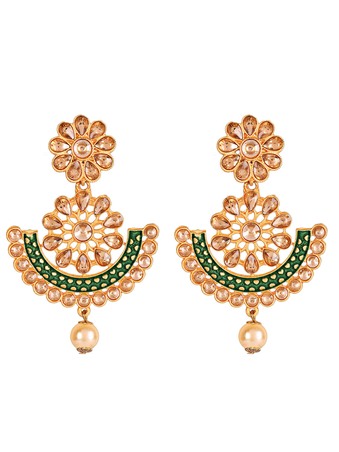 Floral Dome Shaped Gold- Plated Green Pearl Drop Chand Bali Earrings