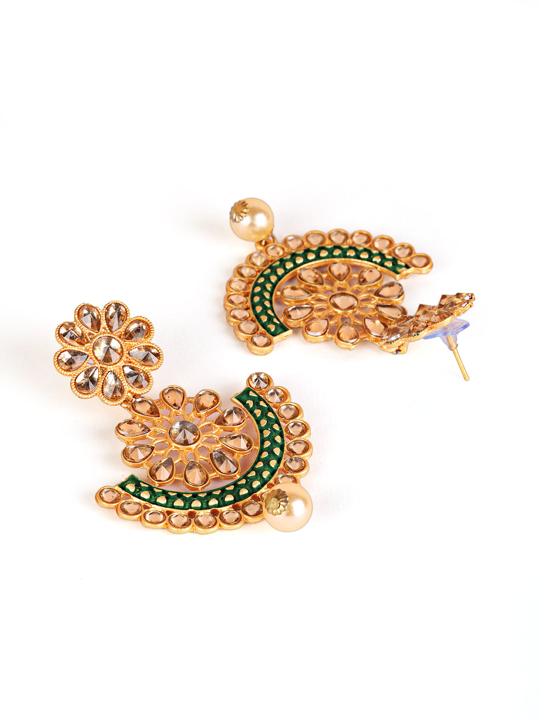 Floral Dome Shaped Gold- Plated Green Pearl Drop Chand Bali Earrings