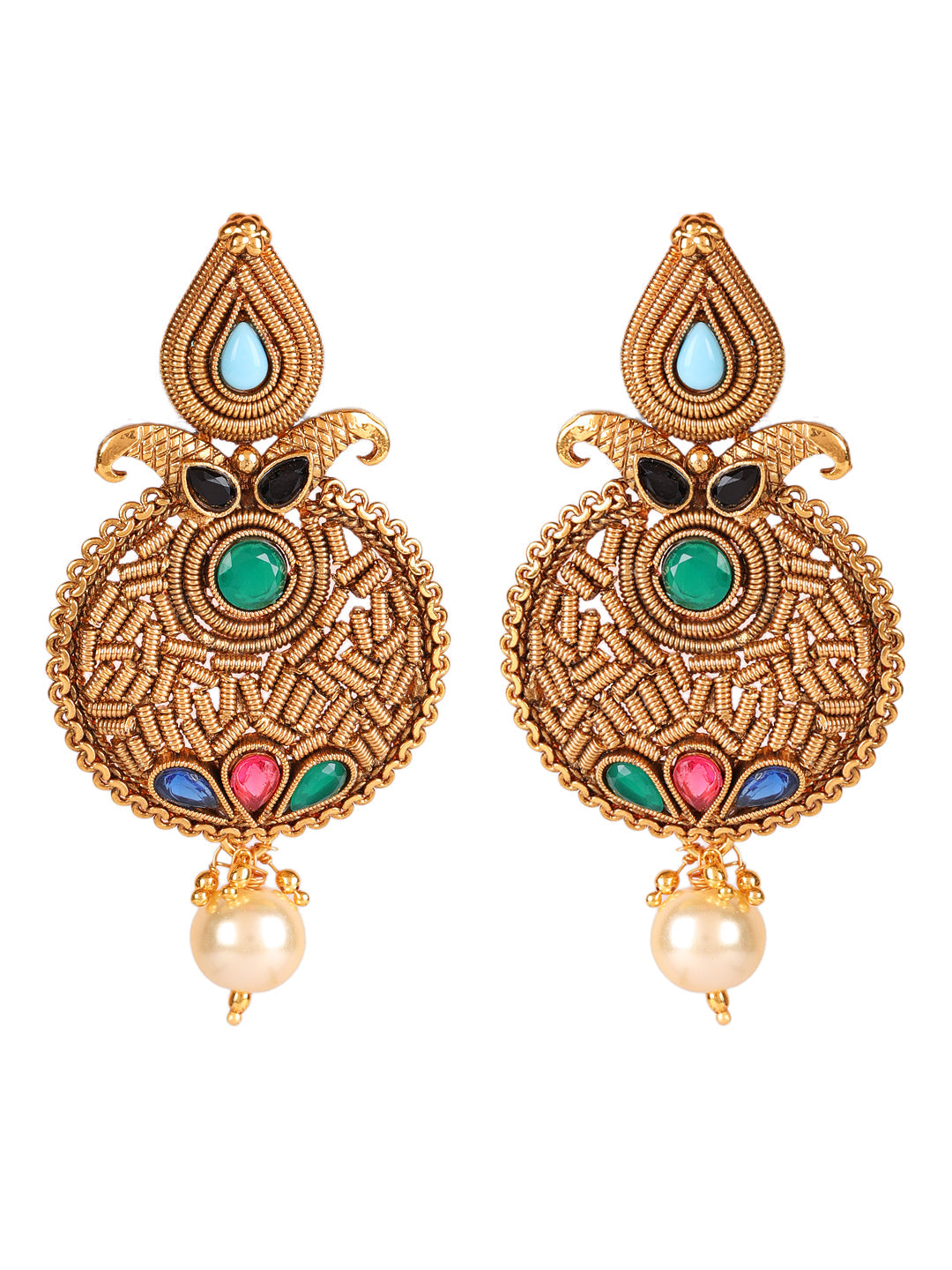 Gold Plated Multi Stone Studded Drop Earrings