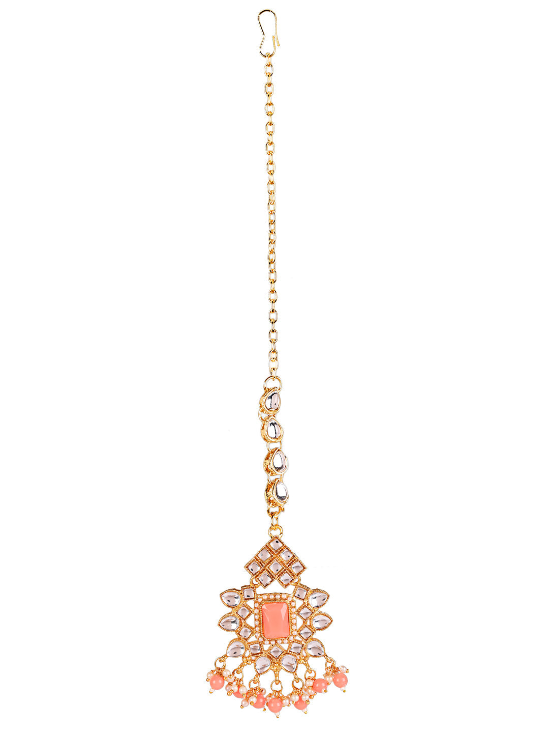Pink Gold-Plated Kundan Beaded Necklace Set With Maangtika