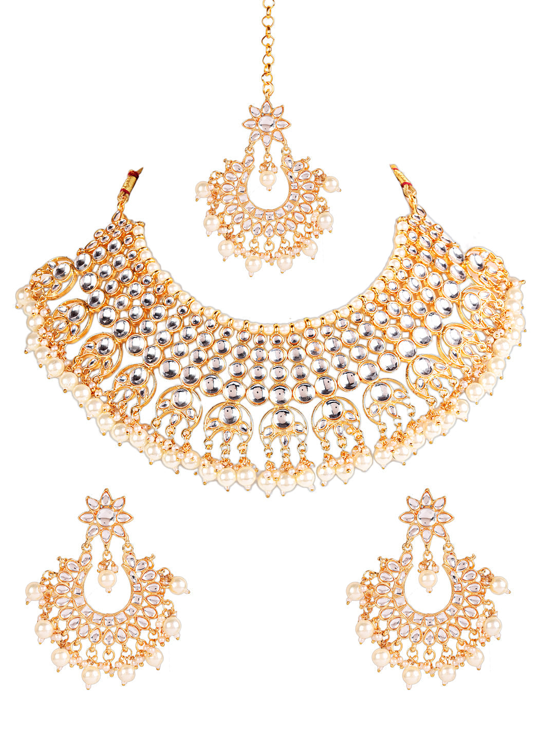 Off-White Gold-Plated Kundan Studded & Beaded Handcrafted Jewellery Set