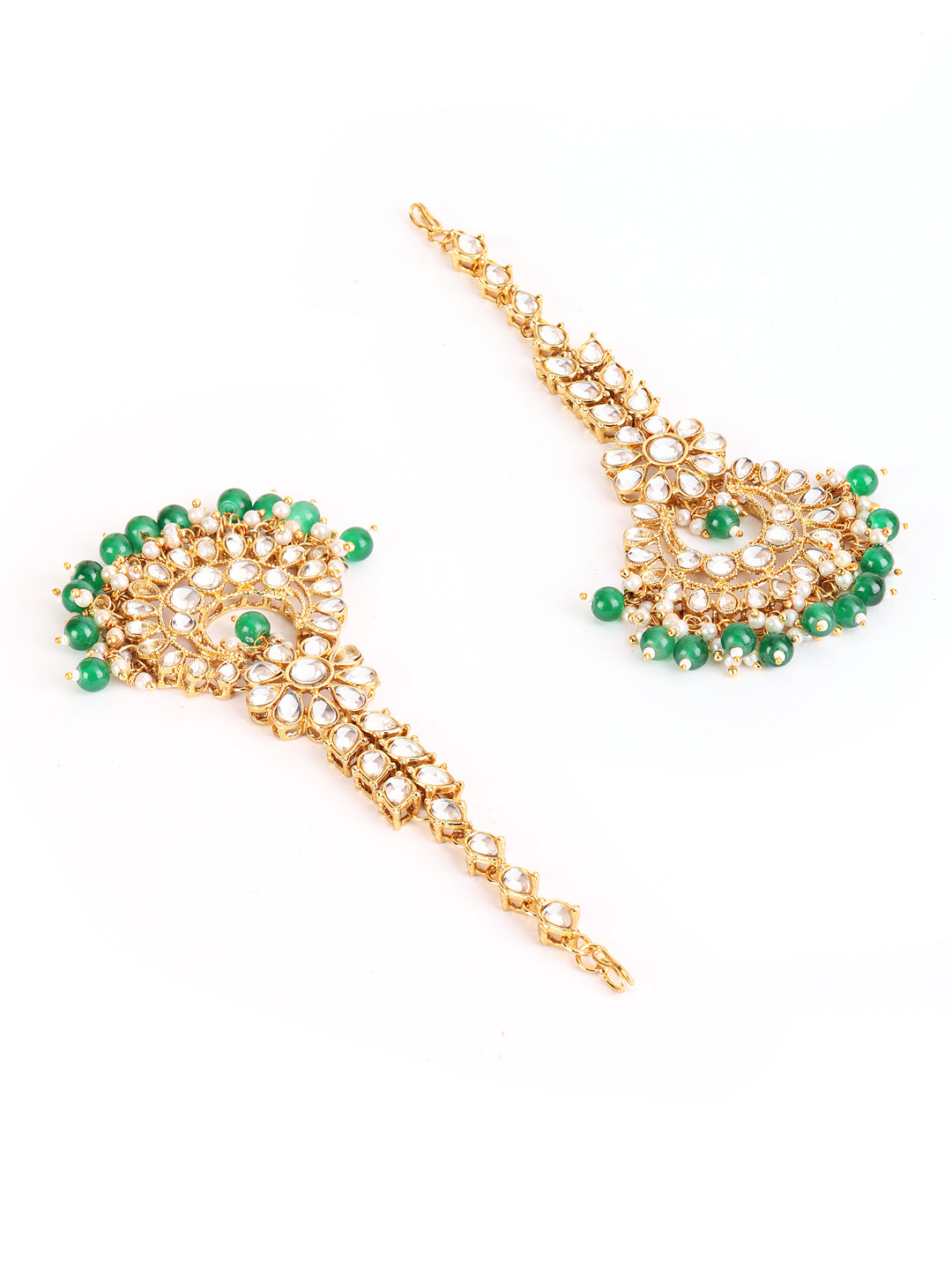 Gold-Toned Green & White Kundan Stone Studded & Pearls Traditional Maangtikka
