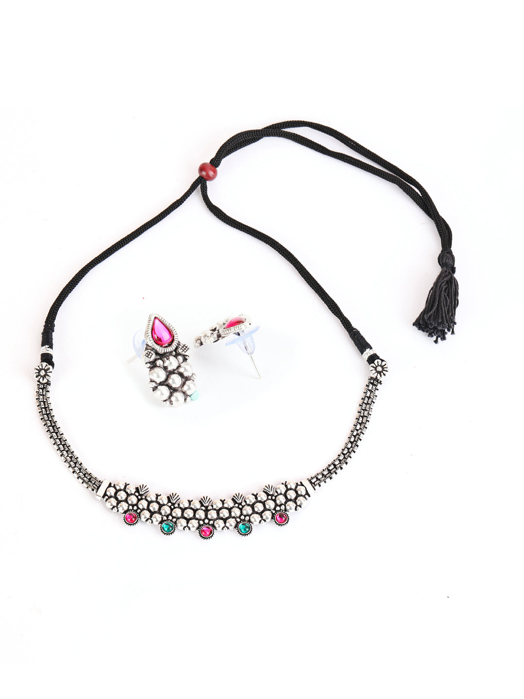 Silver-Toned Oxidized Pink& Green Stone Studded Peacock Jewellery Set