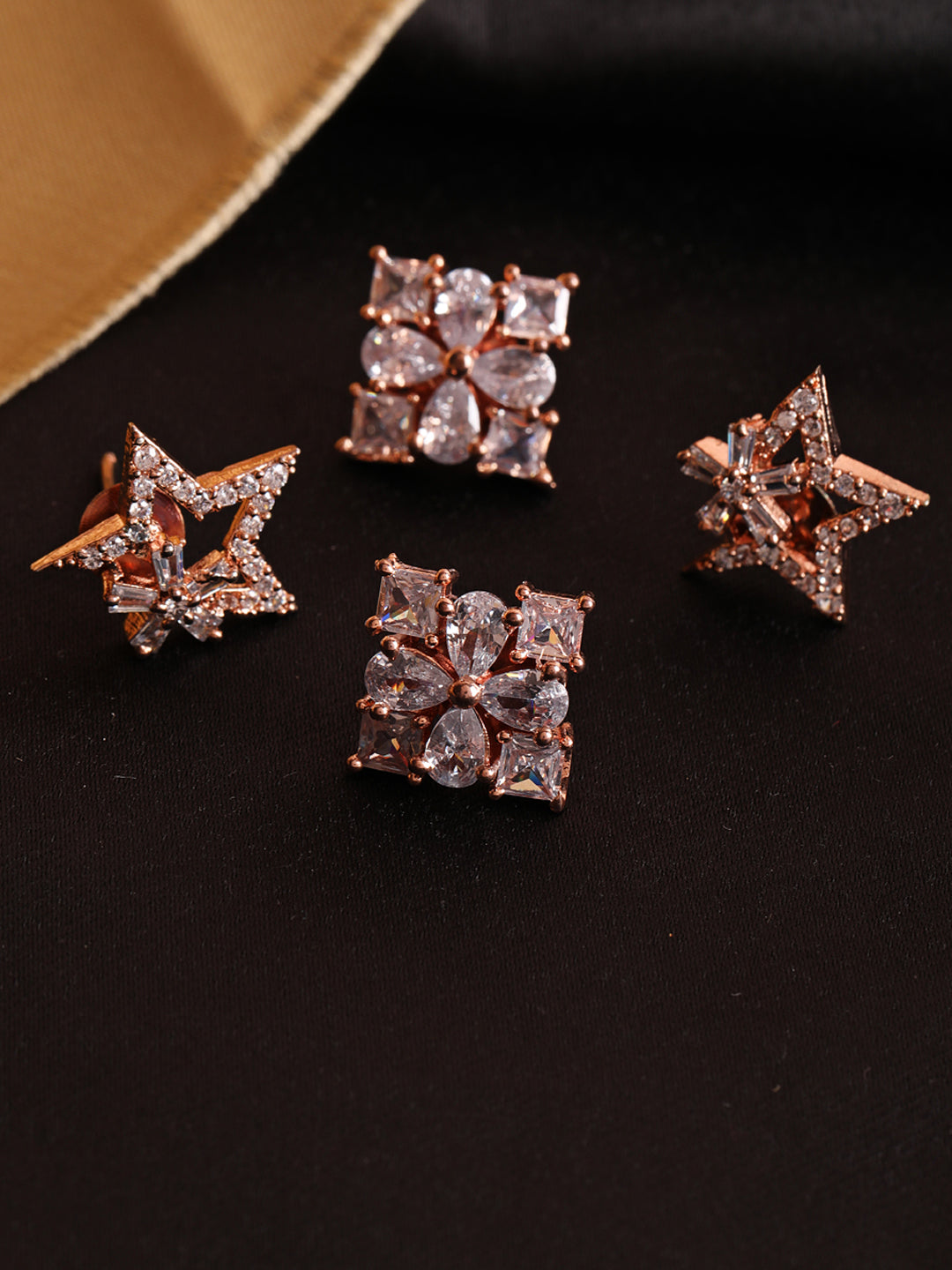 Set Of 2 Rose Gold Plated American Diamond Studded Stud Earrings