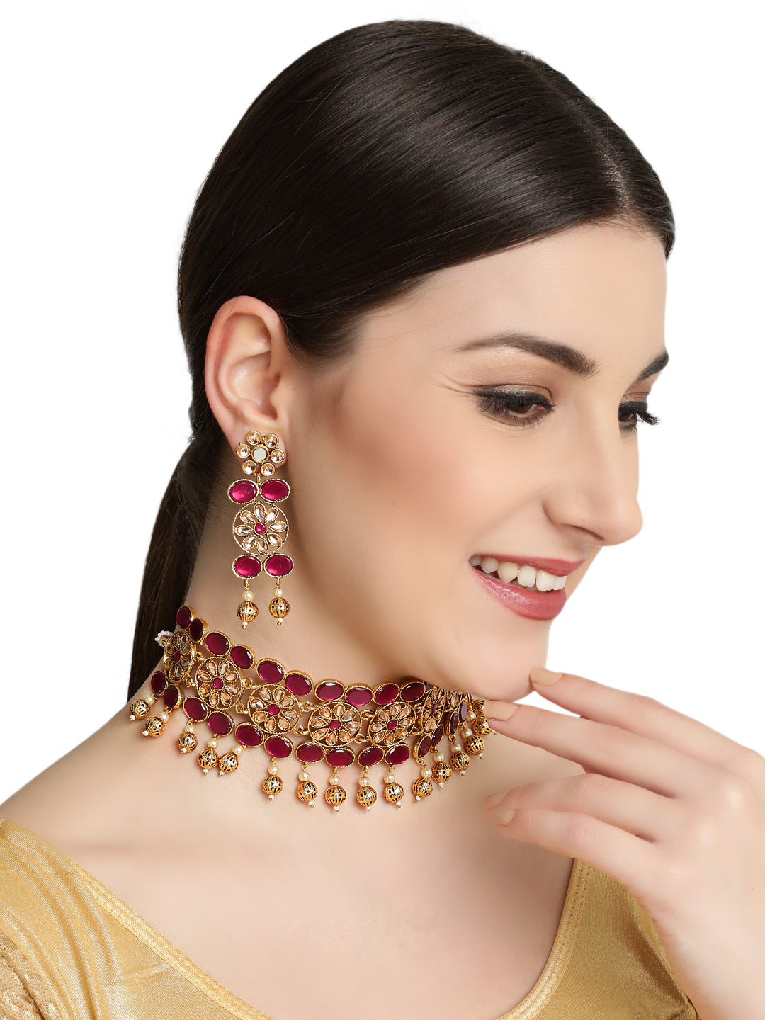 Gold Plated Mirror Studded White Beads Red & Green Reversible Necklace Set