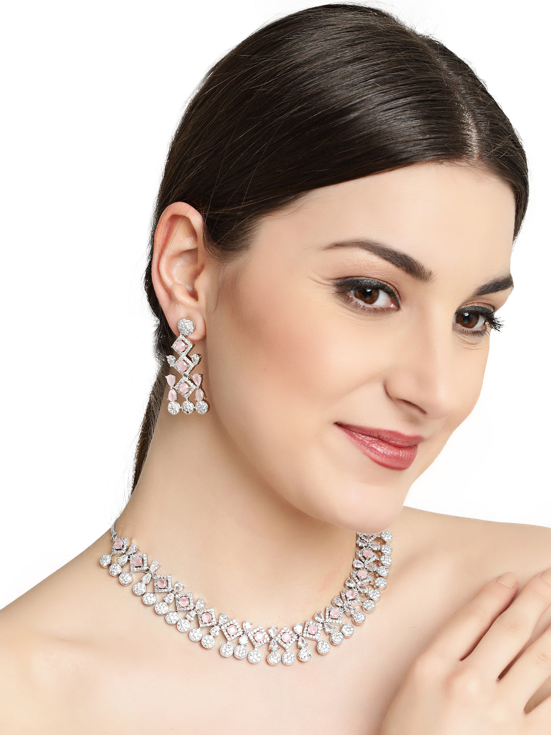 Silver Plated Pink Studded American Diamond Handcrafted Necklace Set