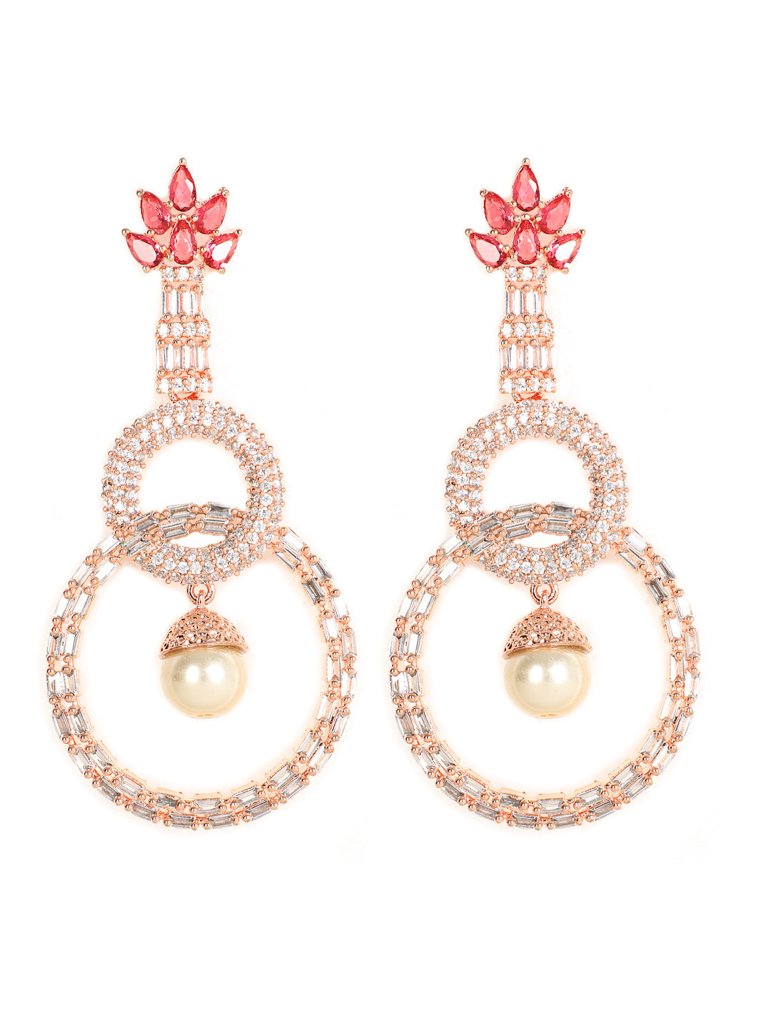 Red & Rose Gold-Plated American Diamond Circulat Shaped Drop Earrings