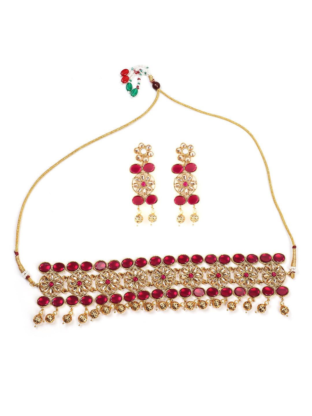 Gold Plated Mirror Studded White Beads Red & Green Reversible Necklace Set
