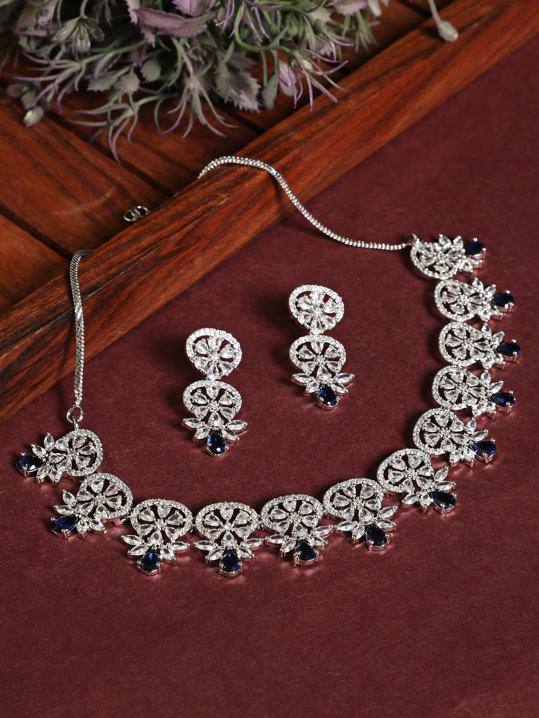 Silver Plated Crystal Studded Blue American Diamond Handcrafted Necklace Set