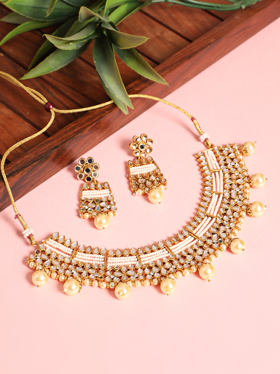 Gold Plated Mirror Studded White Beads Reversible Necklace Set