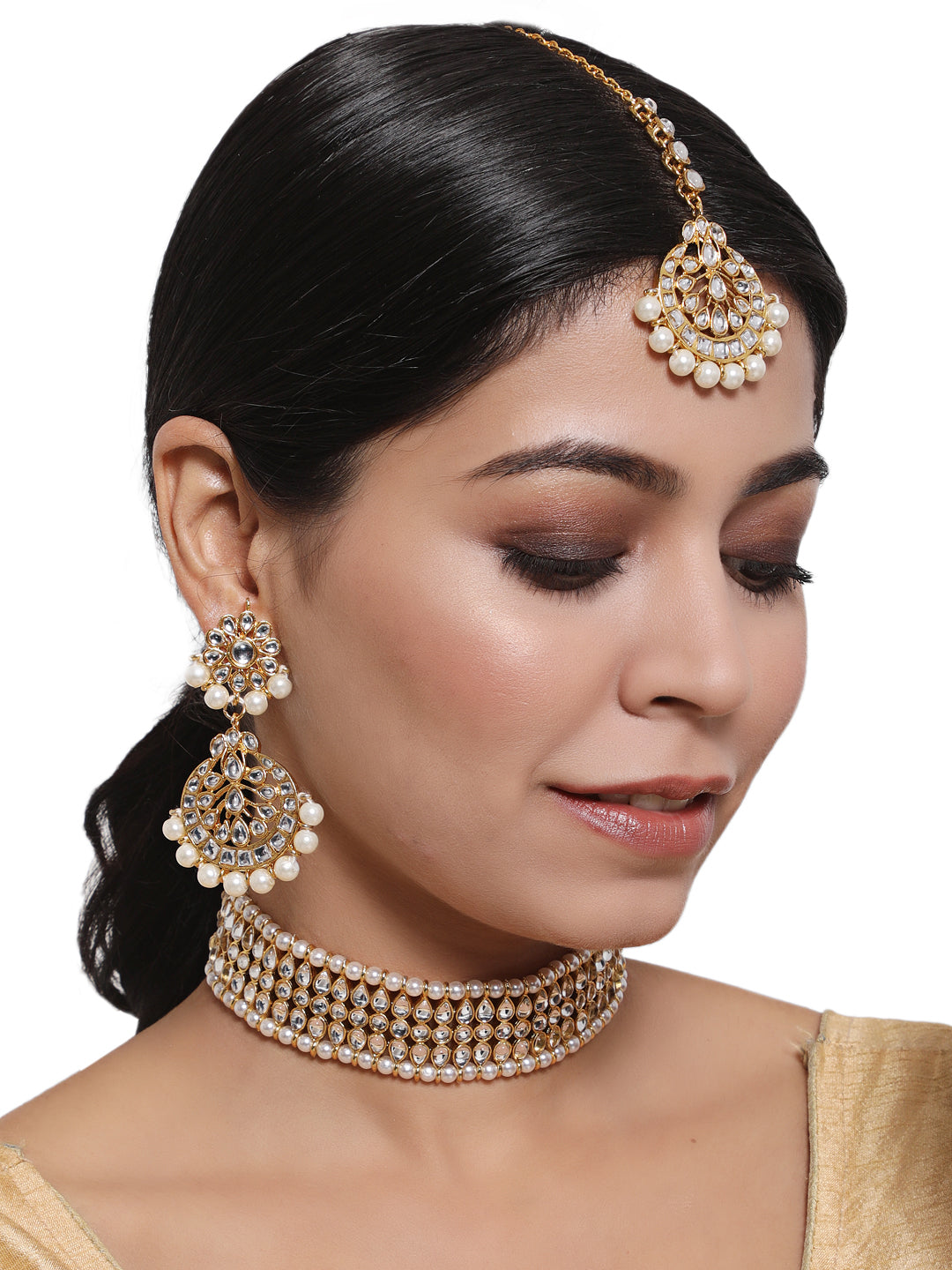 Gold-Toned Kundan & Pearl Jewellery Set