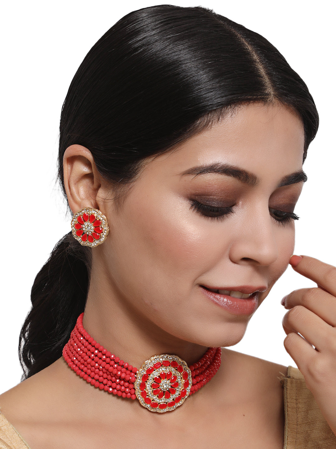 Women Red & White Kundan-Studded & Beaded Handcrafted Jewellery Set