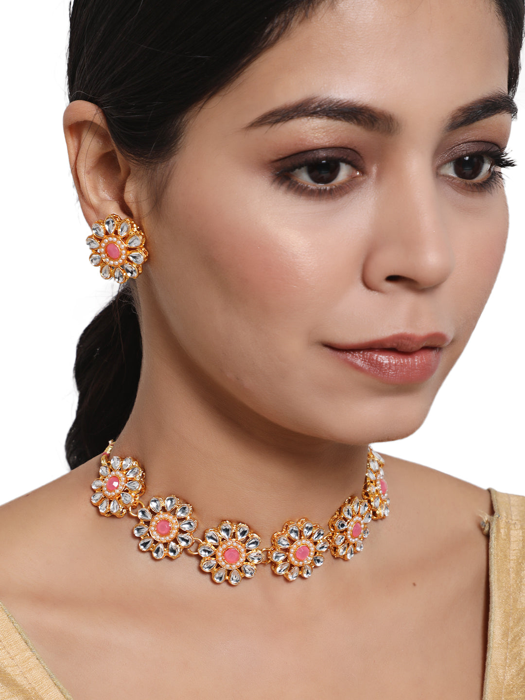 Jazz And Sizzle Gold-Plated White & Pink Kundan-Studded Floral Traditional Jewelry Set