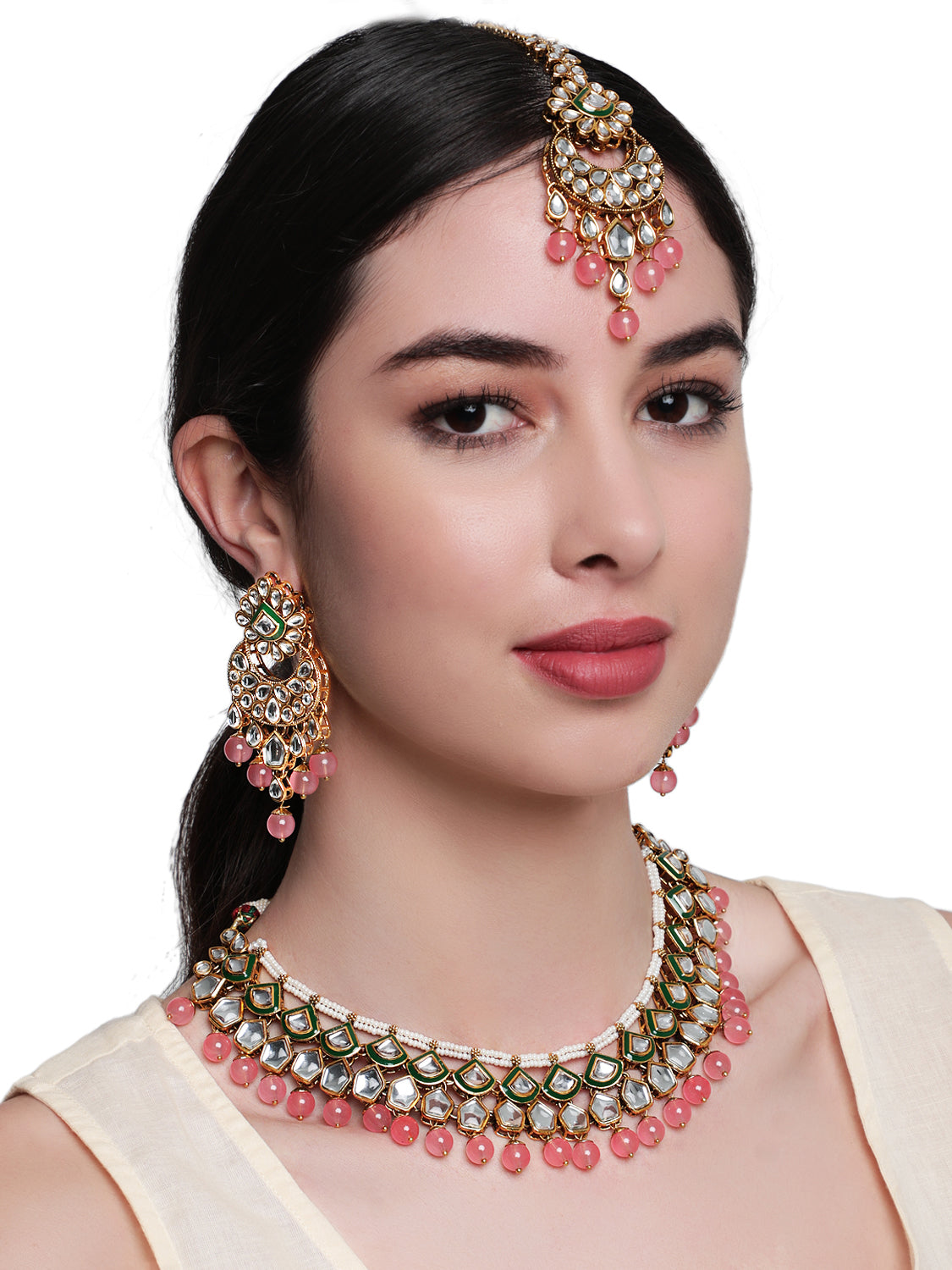 Gold-Plated Pink & White Kundan-Studded Beaded Handcrafted Jewellery