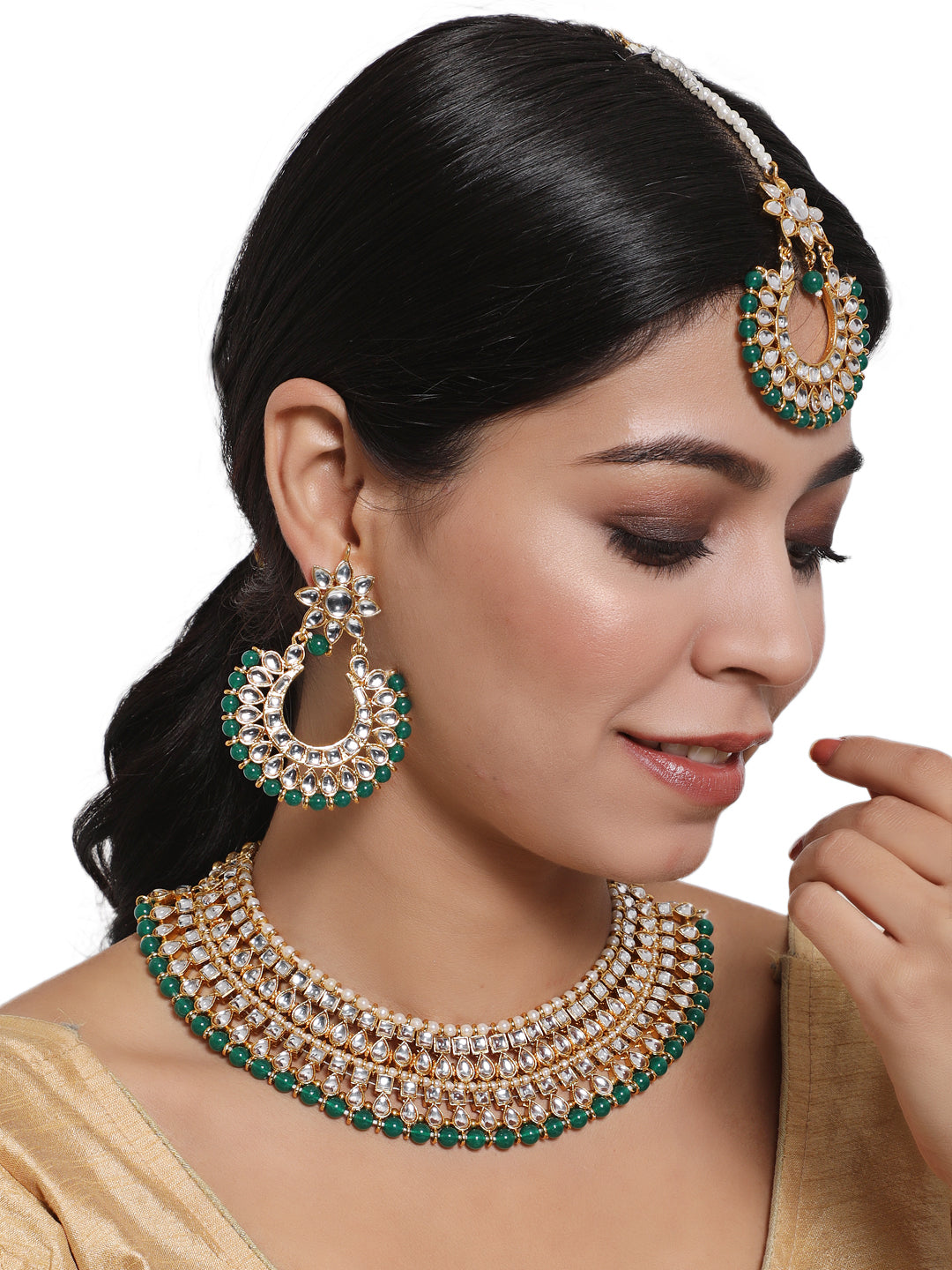 Gold-Plated Green & White Kundan-Studded Choker Jewellery Set