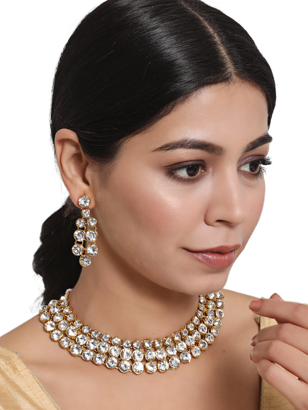 White Gold-Plated Stone Studded Layered Jewellery Set