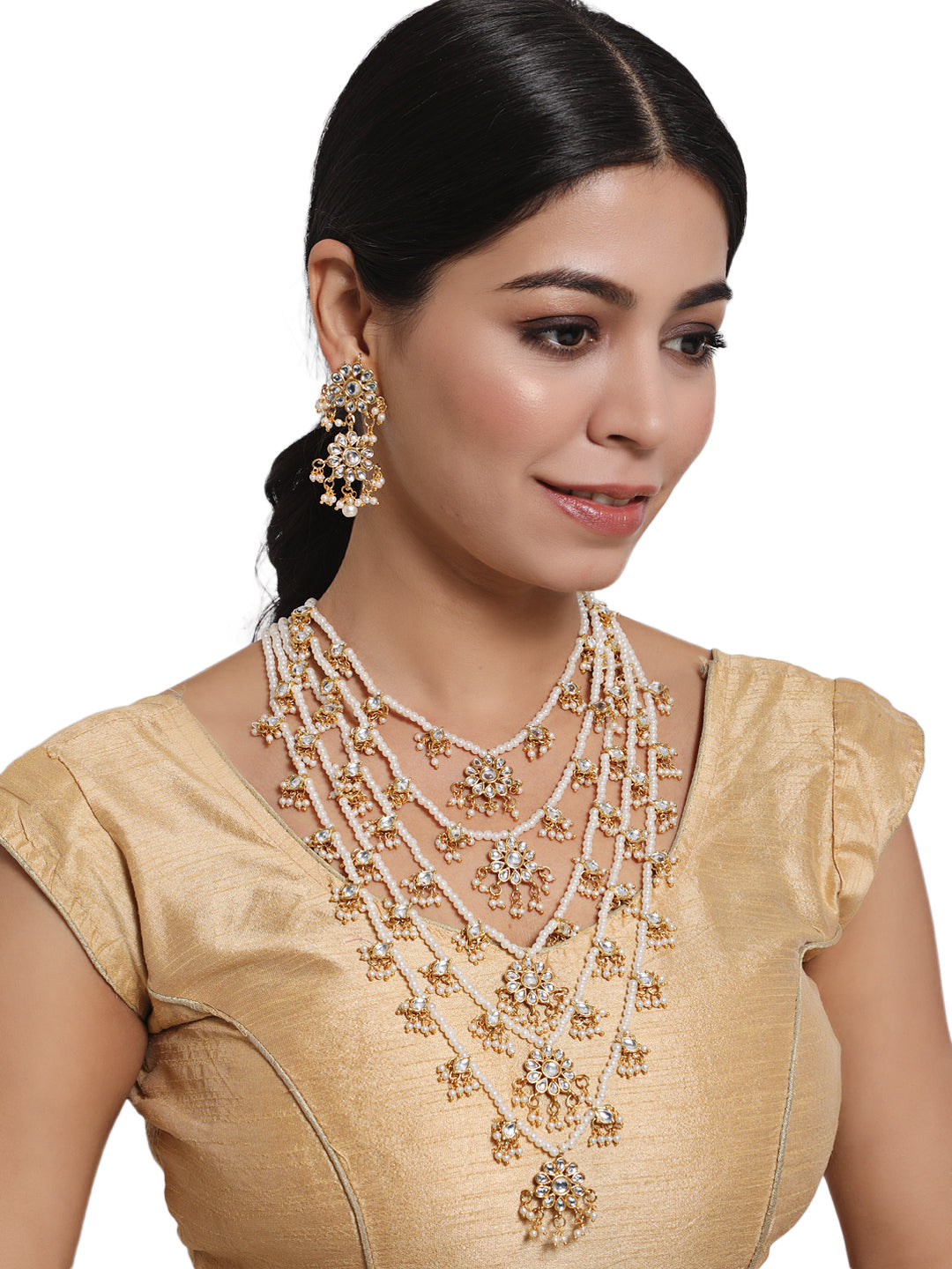 Gold-Plated White Kundan-Studded & Pearl Beaded Jewellery Set