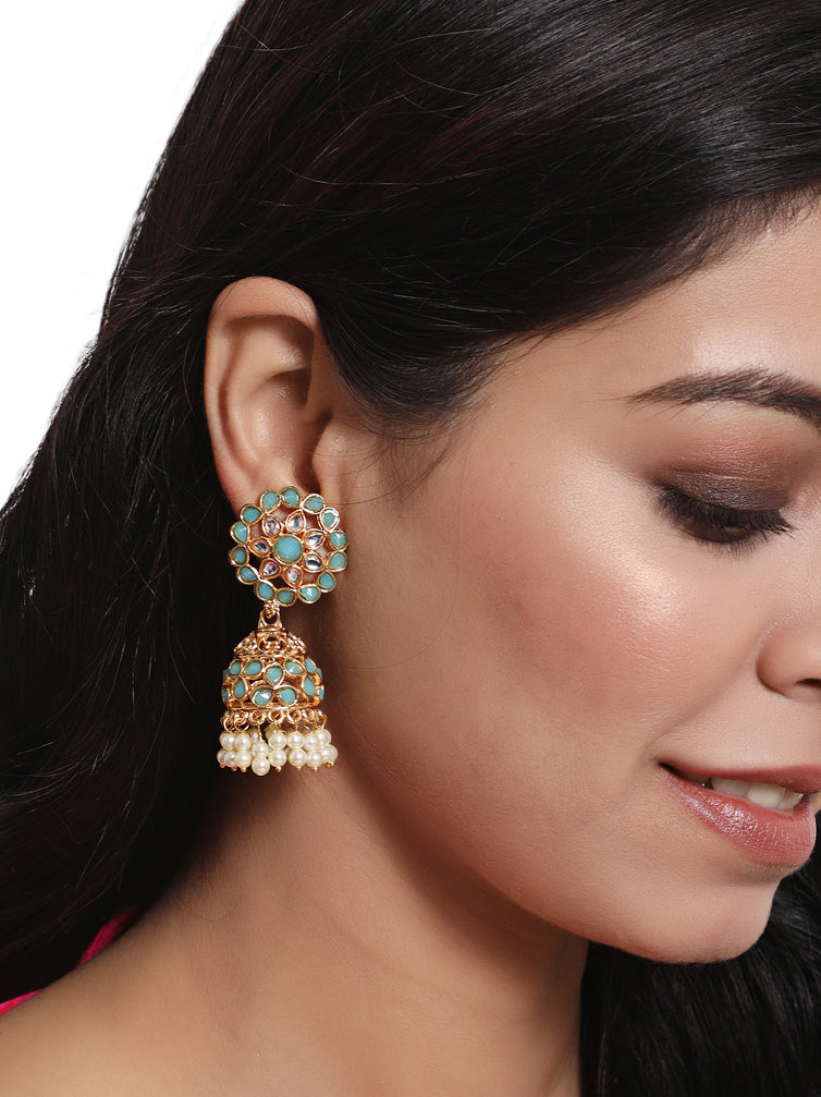 Flora Shaped Gold-Plated Stone Studded & Beaded Jhumka Earrings