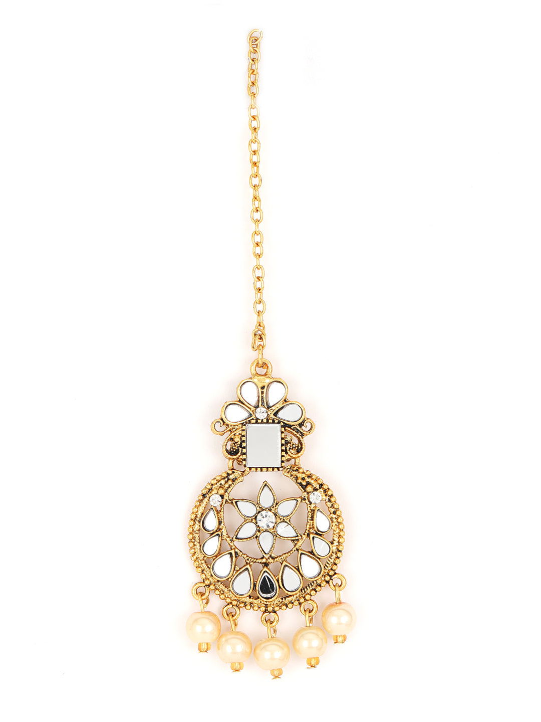 Gold-Plated White Coloured Stone-Studded & Cream Pearl Beaded Handcrafted Jewellery Set