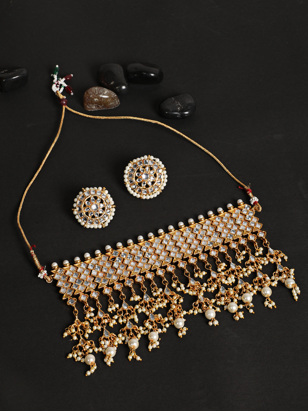 Gold-Plated & White Kundan-Studded & Beaded Jadau Jewellery Set