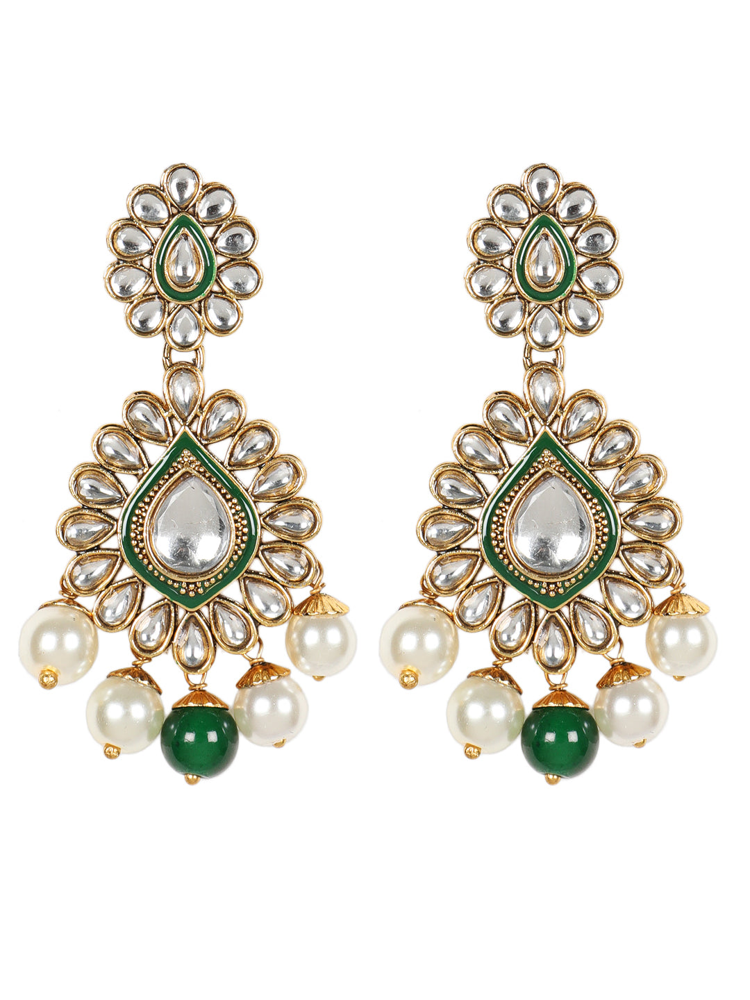 Gold-Plated Green & White Kundan-Studded Beaded Handcrafted Jewellery