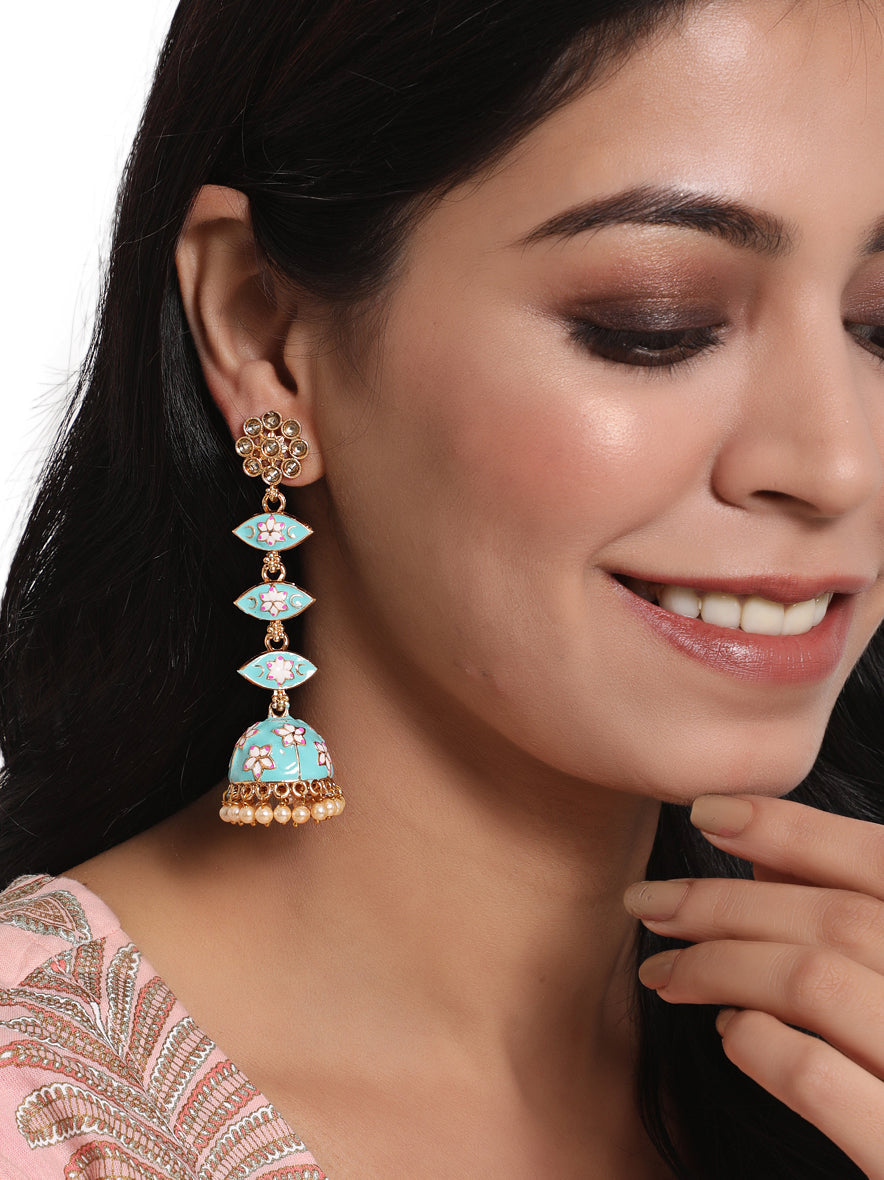 Green & Meenakari Enamel Pink Floral Long Jhumka Earrings