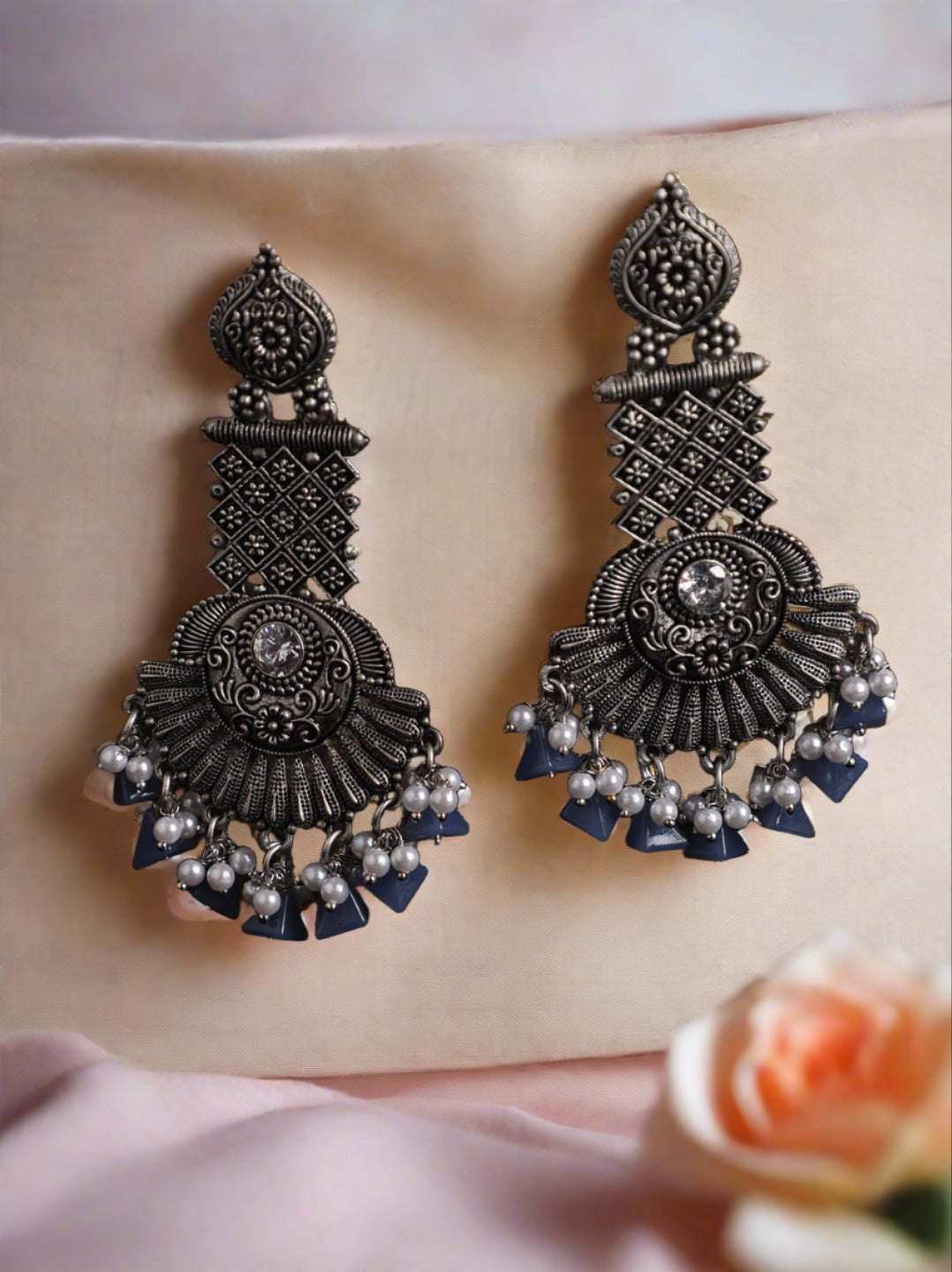 Blue Stone Studded & Beaded Silver Plated Drop Earrings