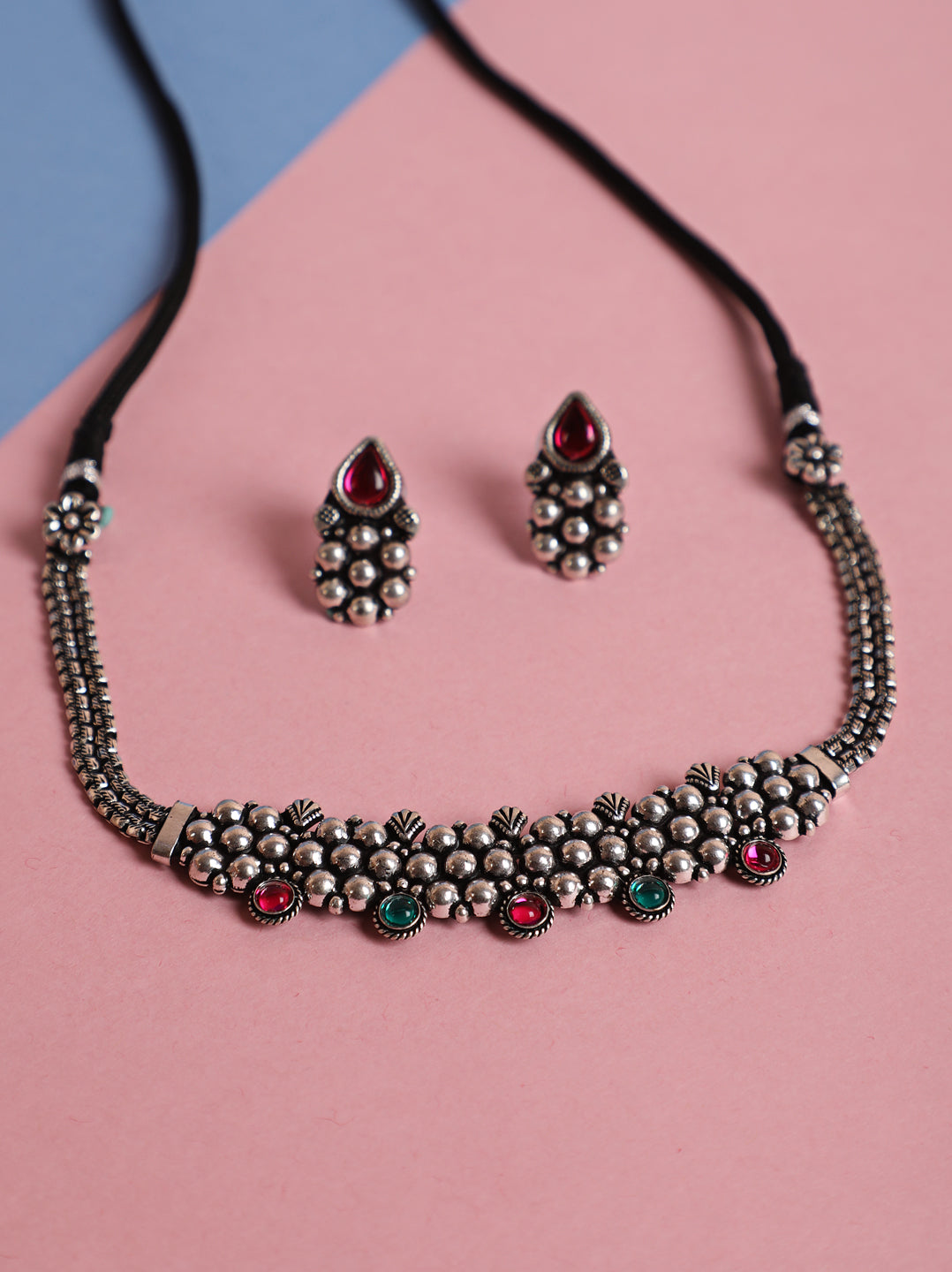 Silver-Toned Oxidized Pink& Green Stone Studded Peacock Jewellery Set