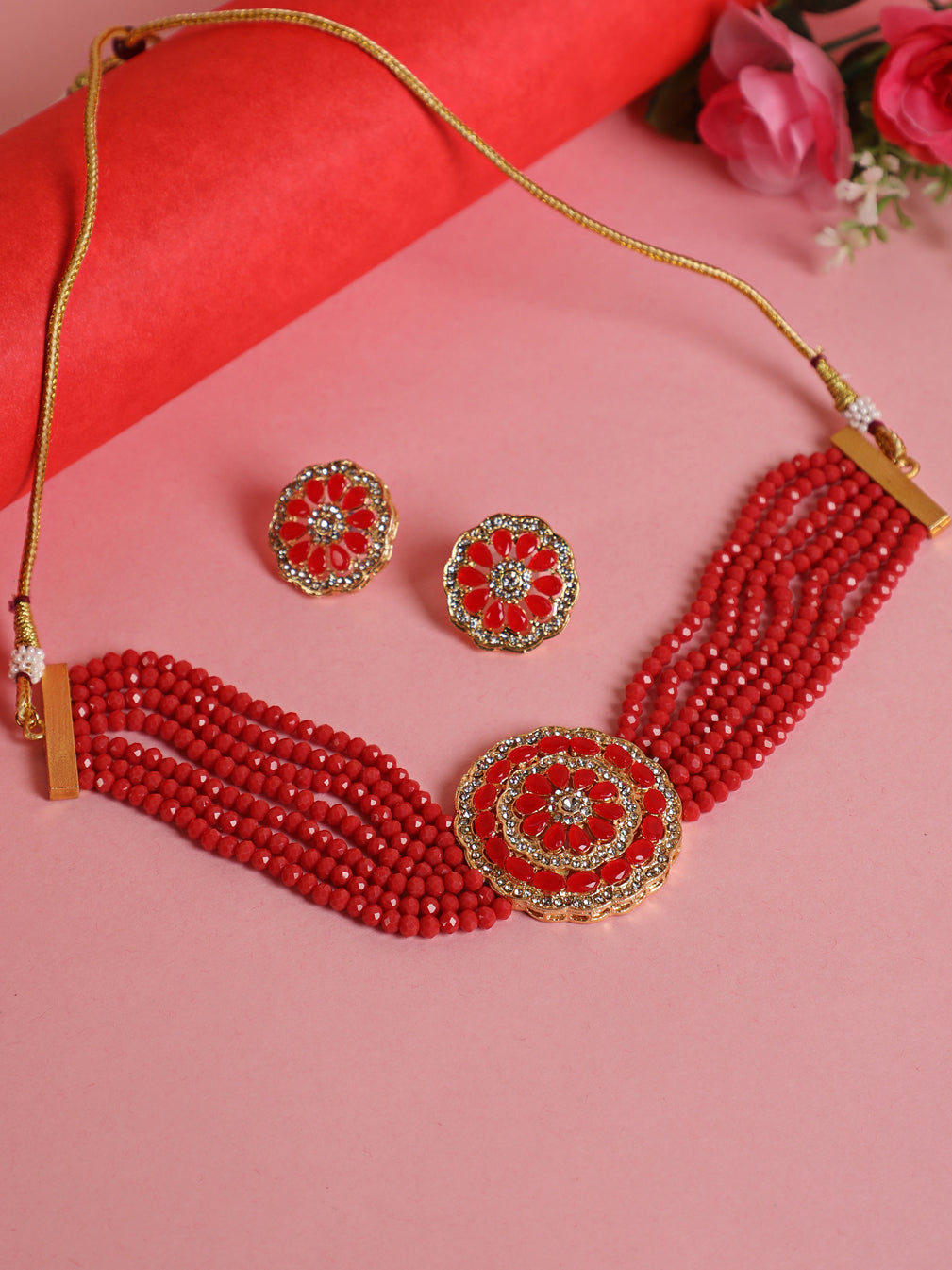 Women Red & White Kundan-Studded & Beaded Handcrafted Jewellery Set