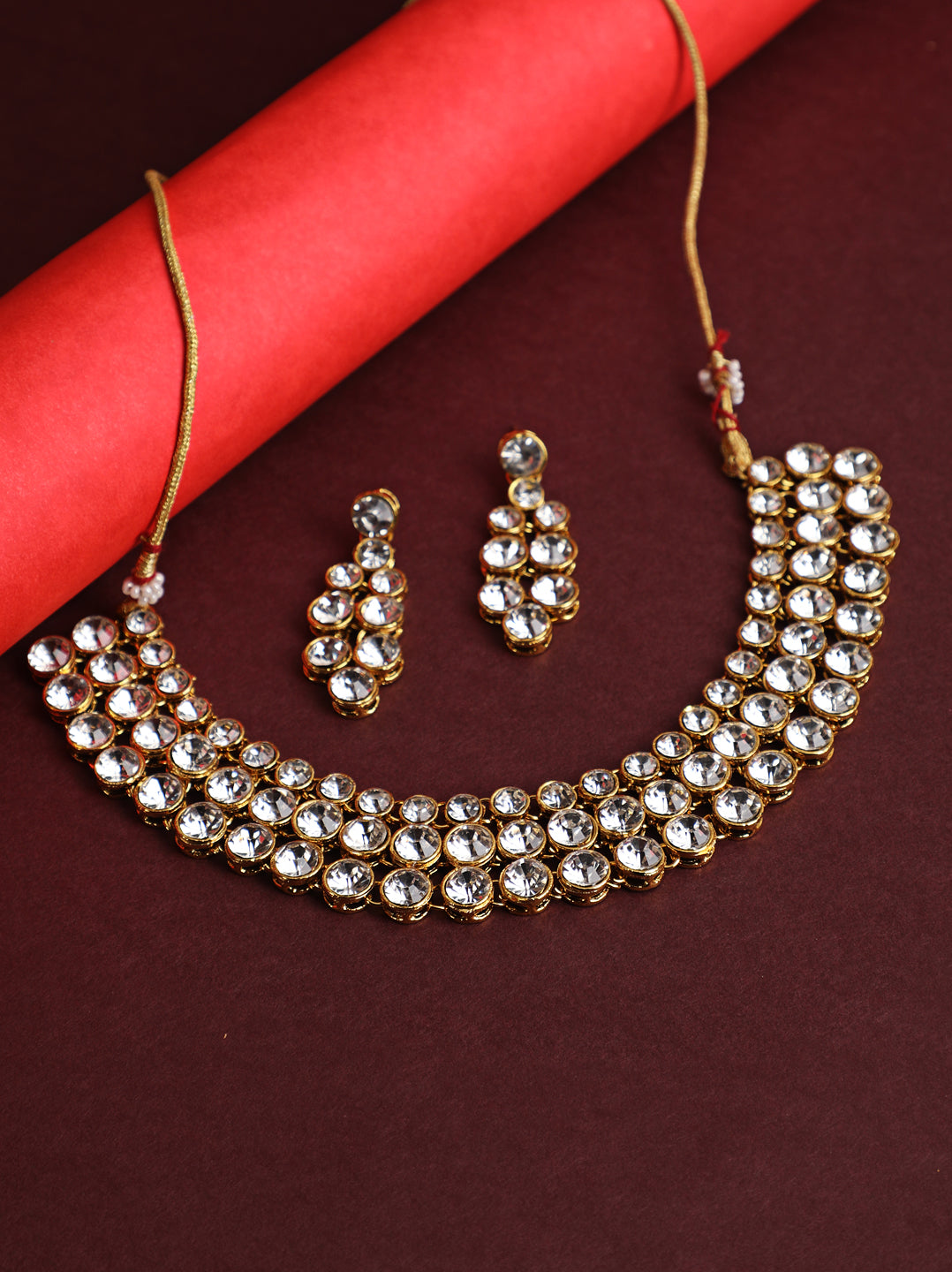 White Gold-Plated Stone Studded Layered Jewellery Set