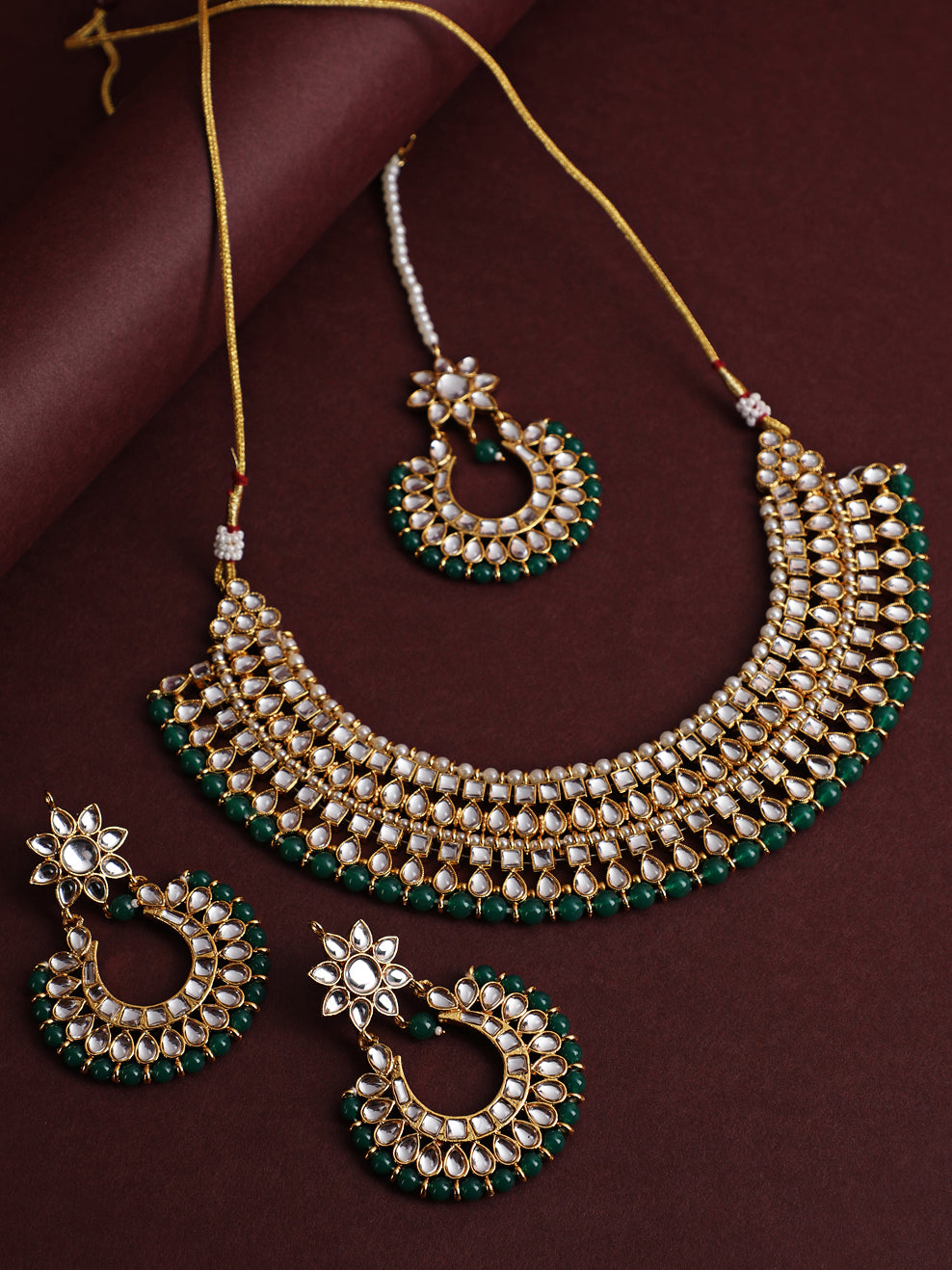 Gold-Plated Green & White Kundan-Studded Choker Jewellery Set
